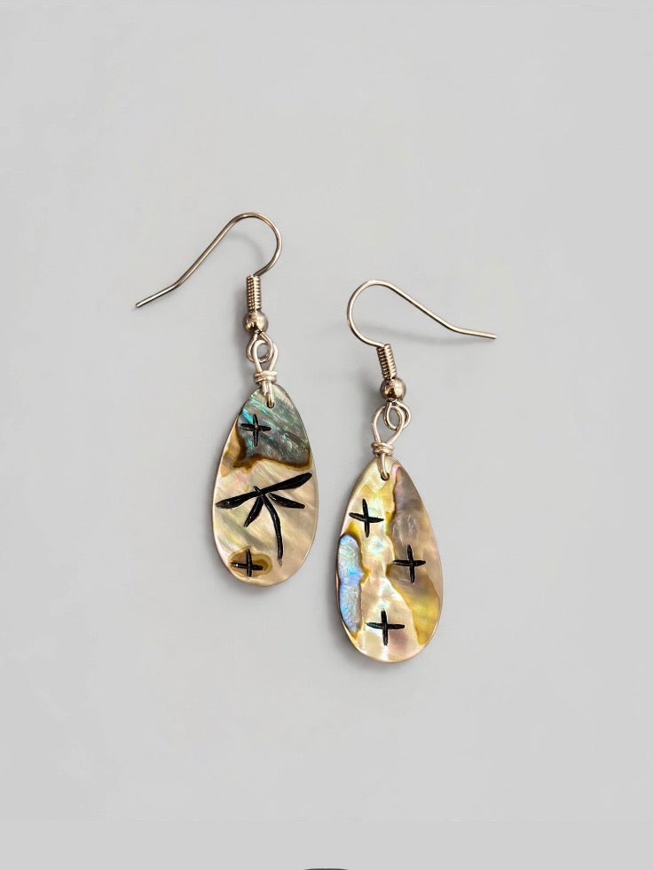 Abalone Teardrop Dragonfly Earrings by Kateri Quandelacy Sanchez