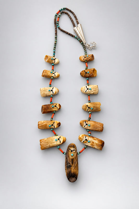 Reversible Fossilized Ivory (walrus teeth) Corn Maiden Necklace by Kateri Quandelacy Sanchez
