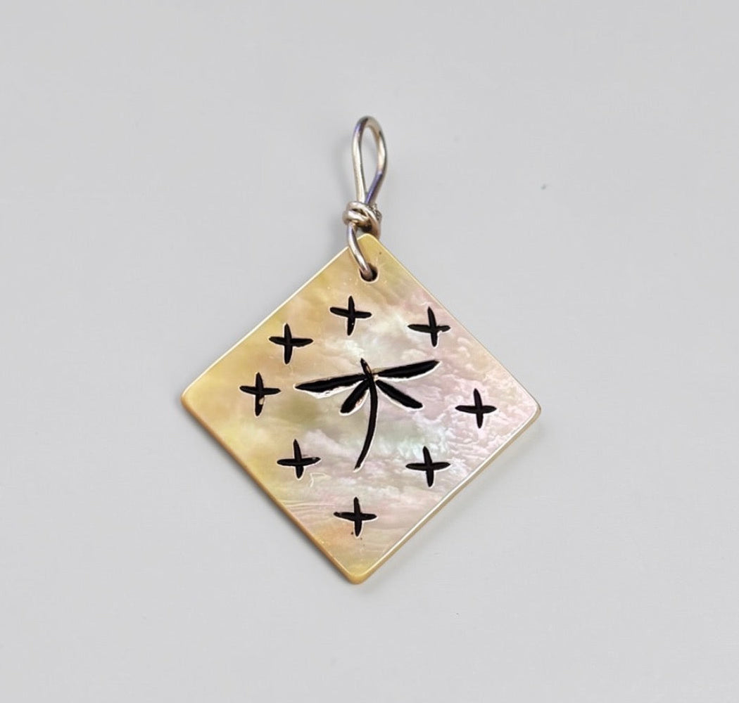 Gold Lip Mother of Pearl Dragonfly Pendant by Kateri Quandelacy Sanchez