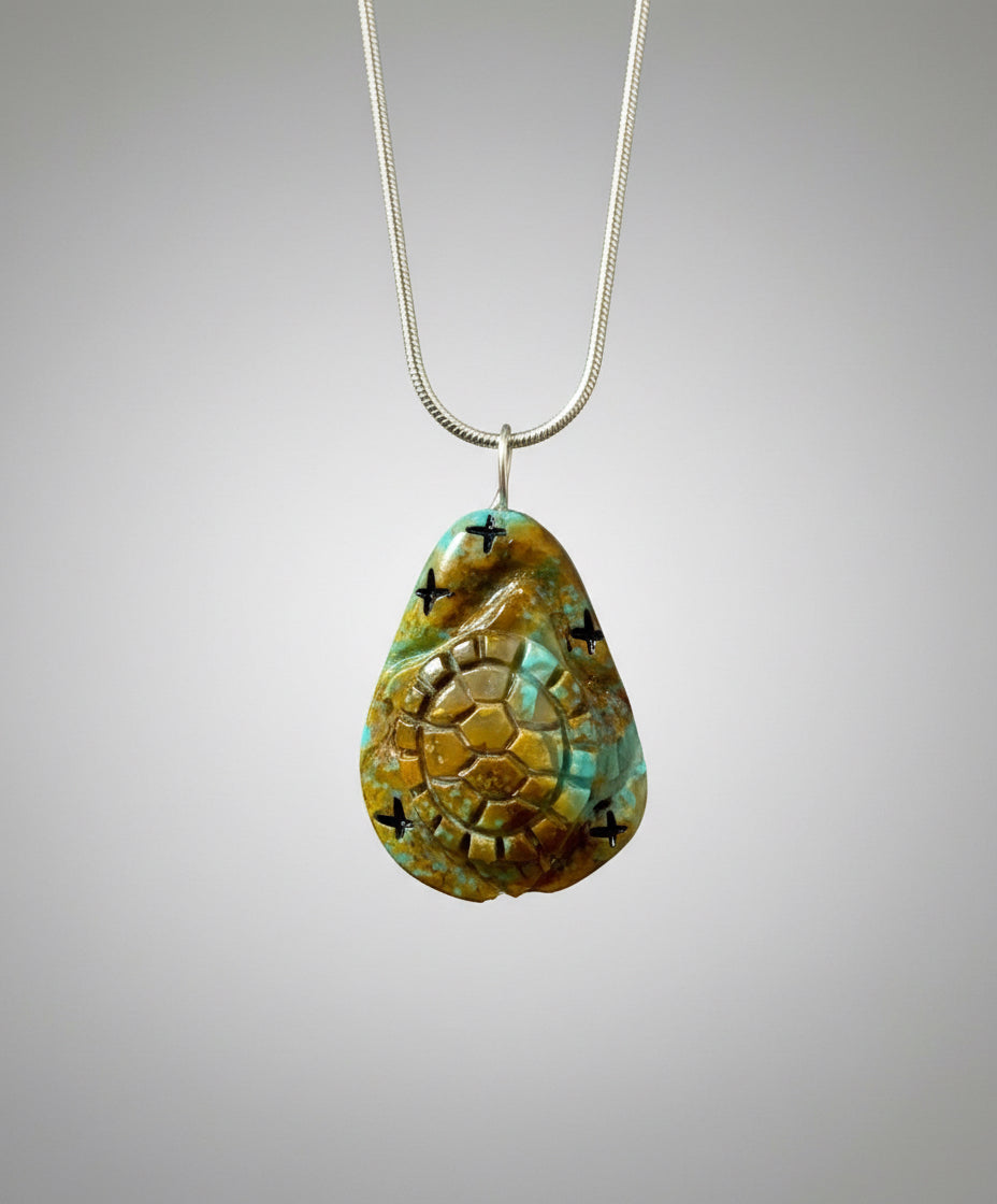 Reversible Turquoise Corn Maiden and Turtle Pendant by Kateri Quandelacy Sanchez