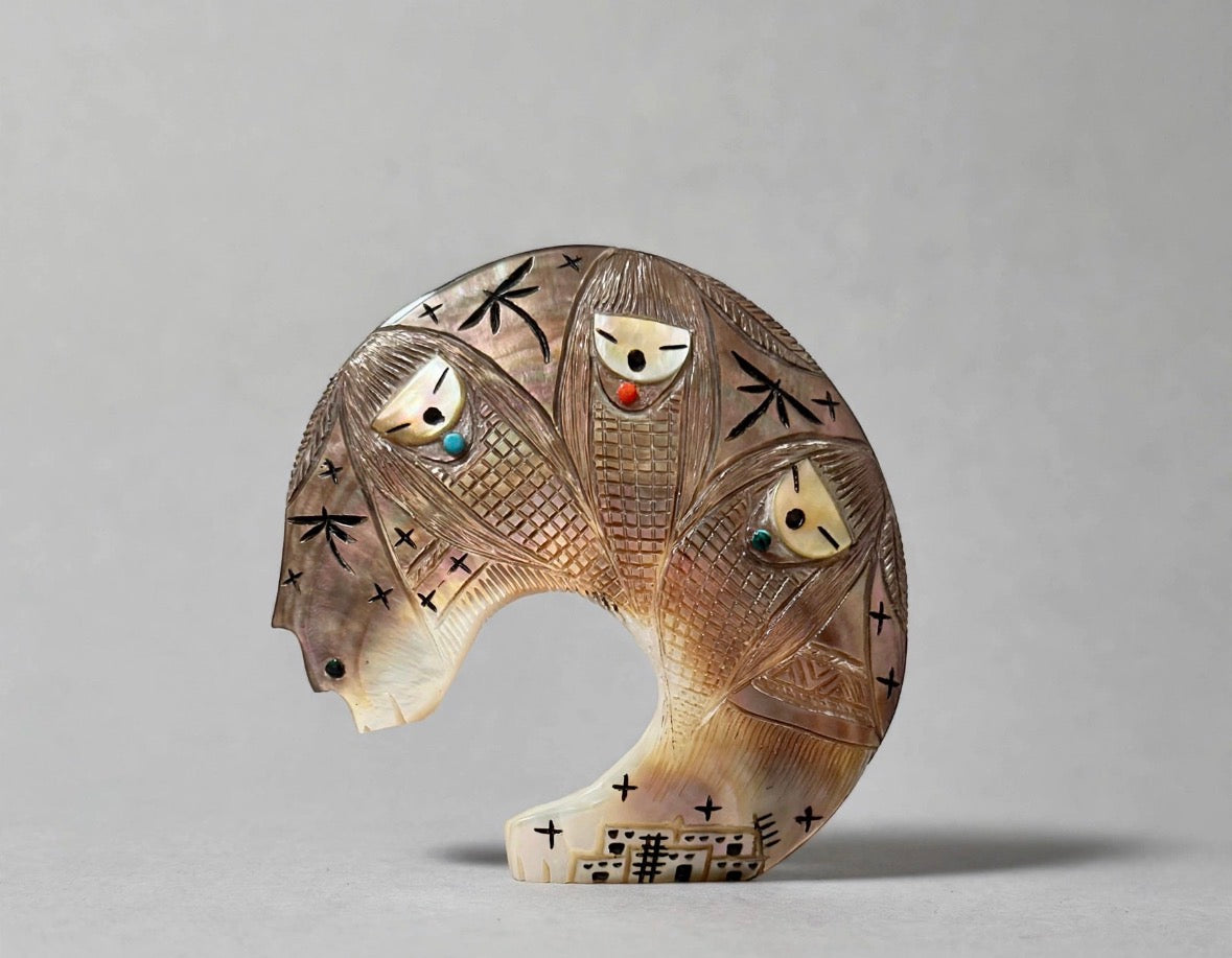 Black Lip Mother of Pearl Bear and Corn Maidens by Kateri Quandelacy Sanchez