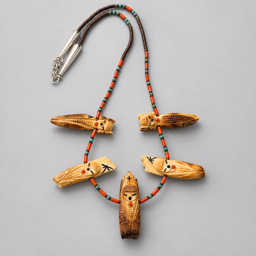 Fossilized Ivory (walrus teeth) Harvest and Hopi Maiden Necklace by Kateri Quandelacy Sanchez