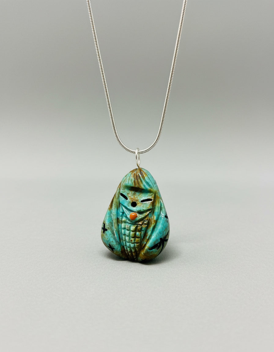 Reversible Turquoise Corn Maiden and Turtle Pendant by Kateri Quandelacy Sanchez
