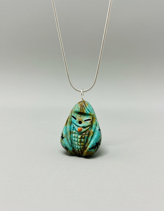 Reversible Turquoise Corn Maiden and Turtle Pendant by Kateri Quandelacy Sanchez