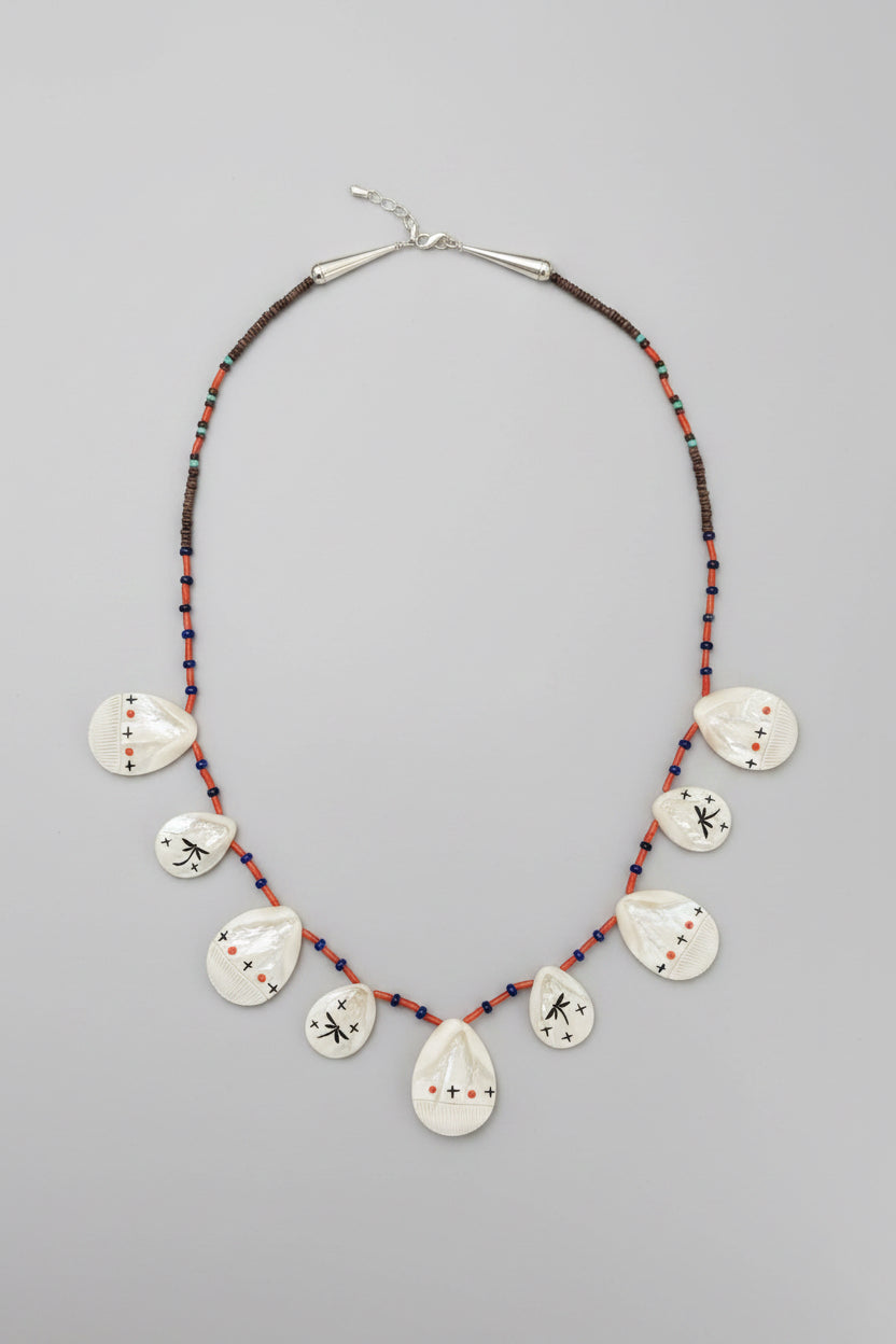 Mother of Pearl and Coral Corn Maiden Necklace by Kateri Quandelacy Sanchez