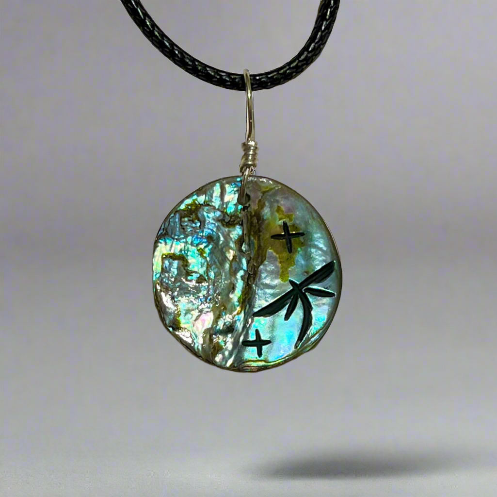 Green Abalone Dragonfly Pendant by Kateri Quandelacy Sanchez