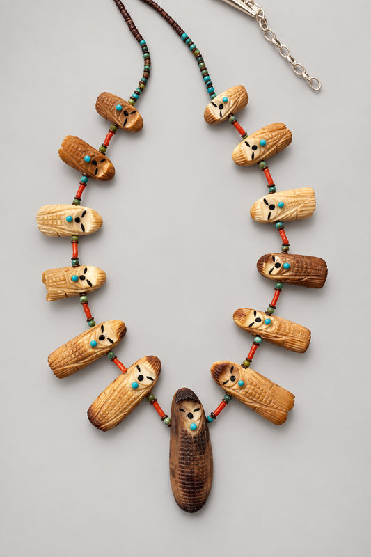 Reversible Fossilized Ivory (walrus teeth) Corn Maiden Necklace by Kateri Quandelacy Sanchez