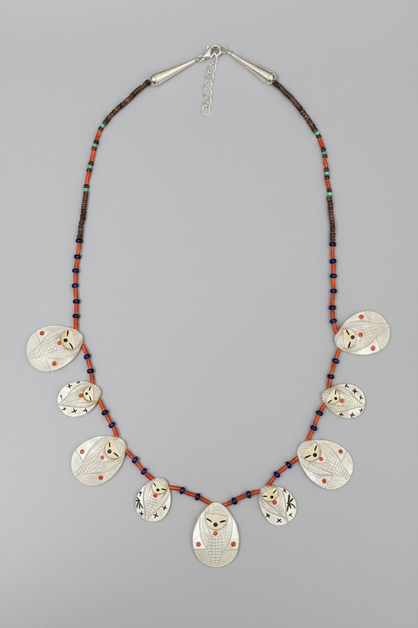 Mother of Pearl and Coral Corn Maiden Necklace by Kateri Quandelacy Sanchez