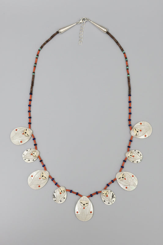 Mother of Pearl and Coral Corn Maiden Necklace by Kateri Quandelacy Sanchez