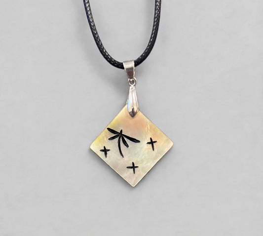 Gold Lip Mother of Pearl Dragonfly Pendant by Kateri Quandelacy Sanchez
