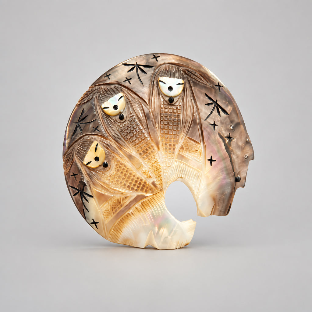 Black Lip Mother of Pearl Bear and Corn Maidens by Kateri Quandelacy Sanchez