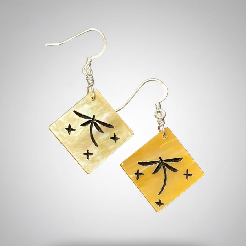 Gold Lip Mother of Pearl Dragonfly Earrings by Kateri Quandelacy Sanchez (Zuni)