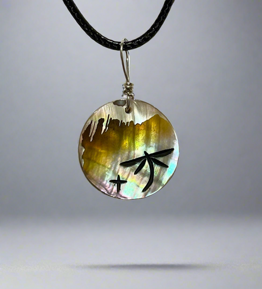 Gold Abalone Dragonfly Pendant by Kateri Quandelacy Sanchez
